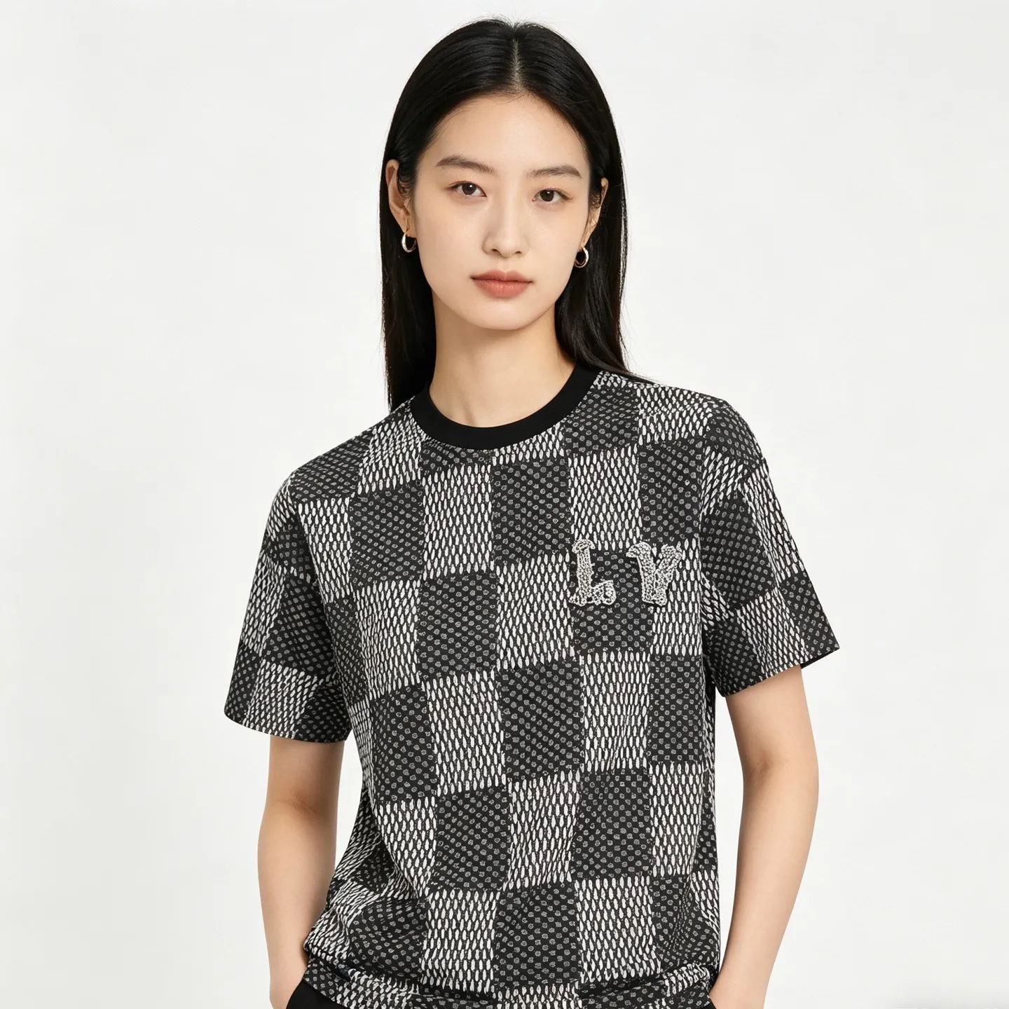 Louis Vuitton/Louis Vuitton rhinestone letter logo checkerboard short sleeves